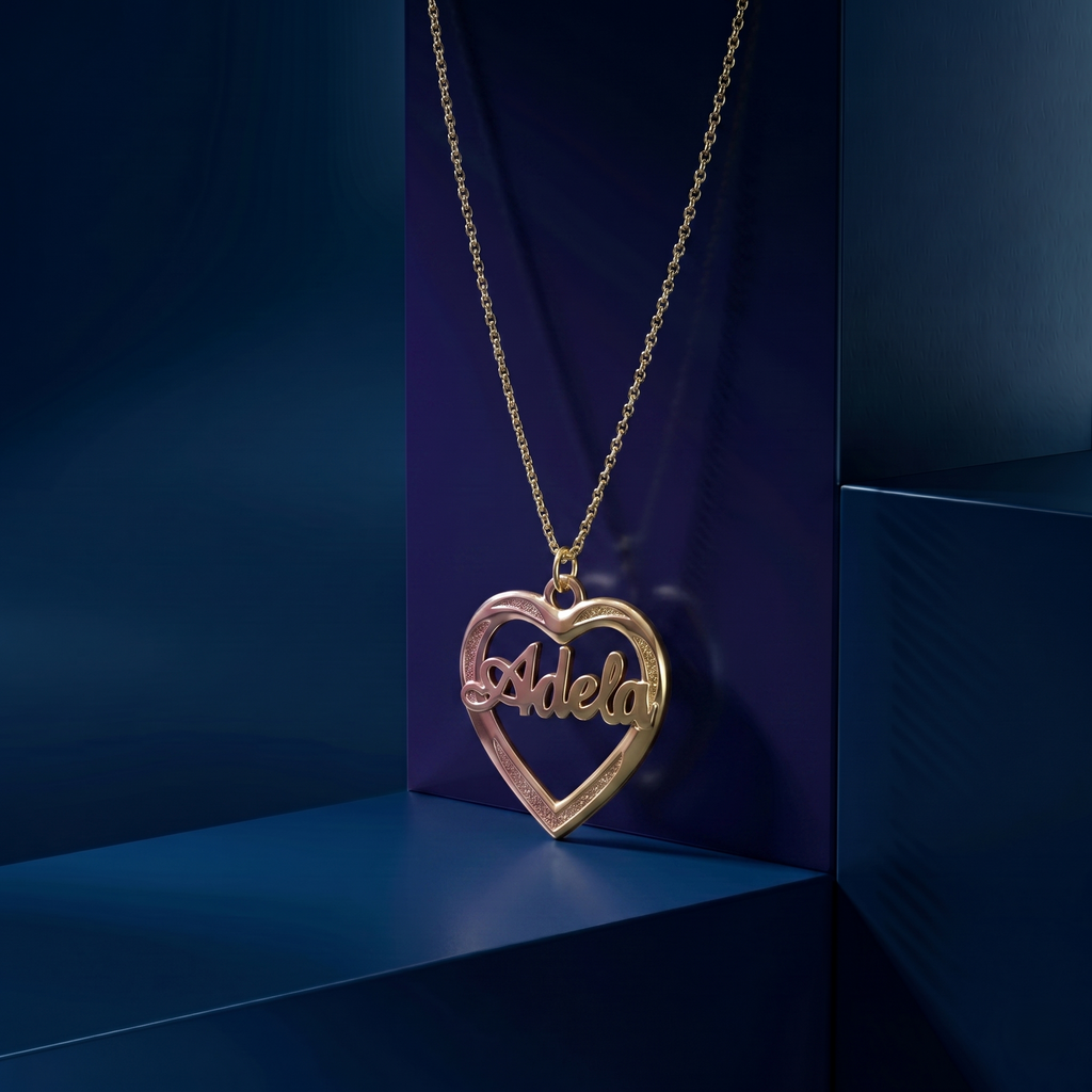 Luxury custom name necklace in 14k and 18k gold, featuring a handcrafted 3D nameplate inside a heart design, premium personalized jewelry made in Los Angeles by master jewelers