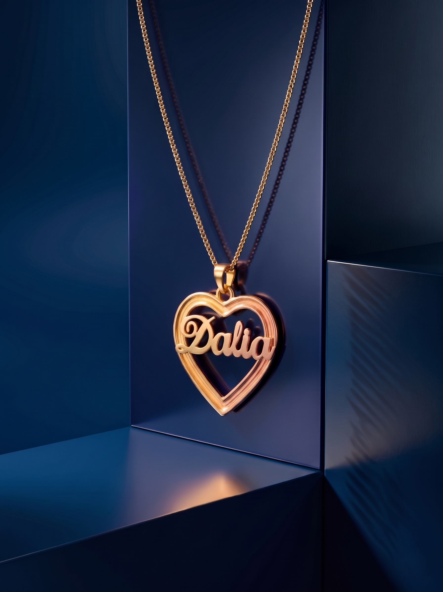 Luxury personalized heart necklace with sculpted name lettering, crafted in warm multi-gold tones and designed as a high-end bespoke jewelry piece with elegant depth and shine