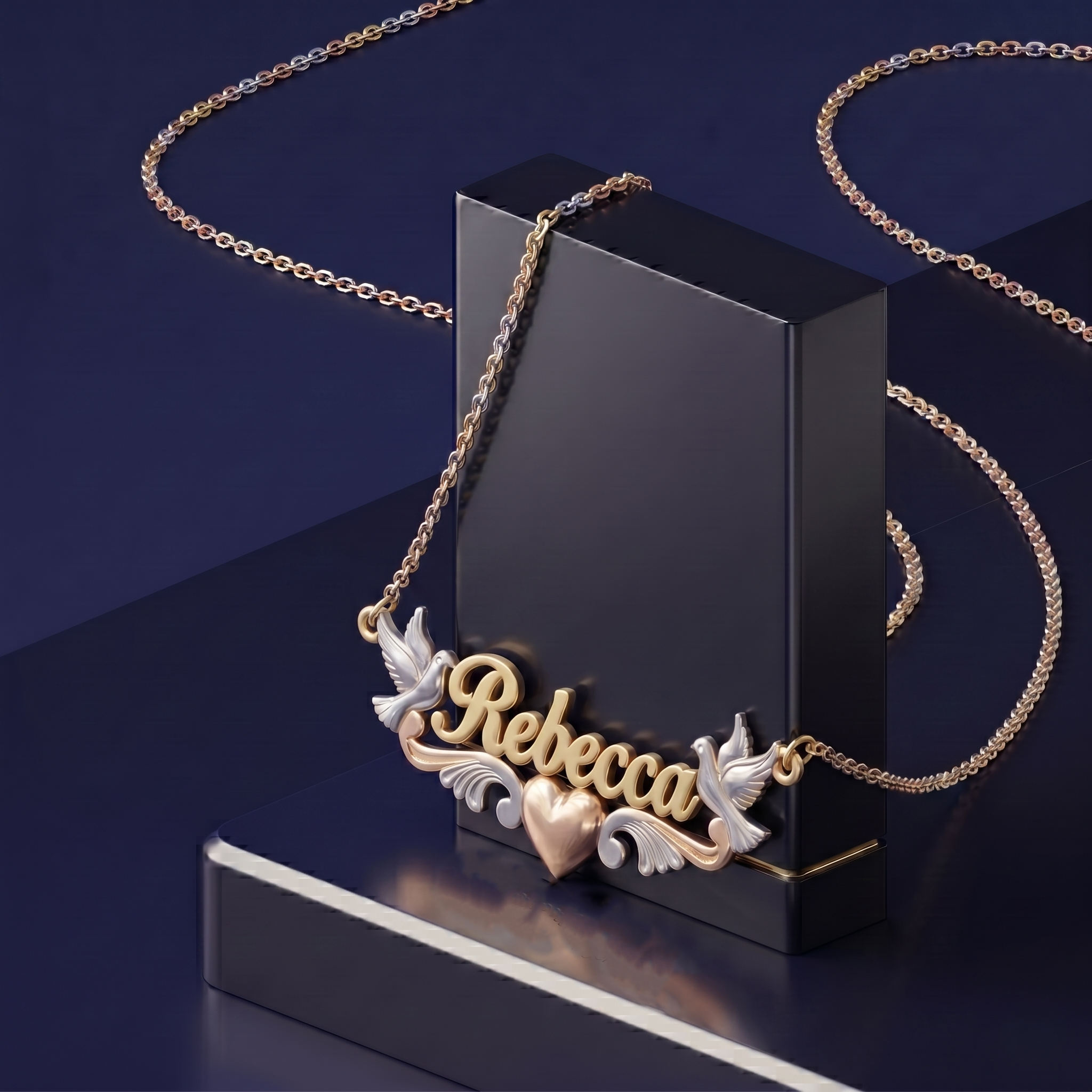 Luxury custom name necklace with heart and bird motifs, handmade in 14k gold by master jewelers, showcasing premium personalized jewelry craftsmanship and signature style design.