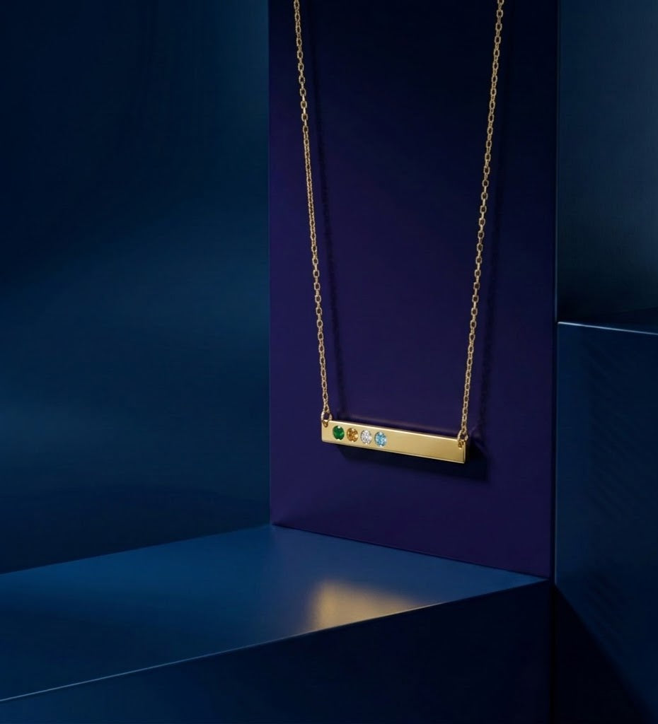 Gold Horizontal Bar Necklace with Four Flush-Set Stones