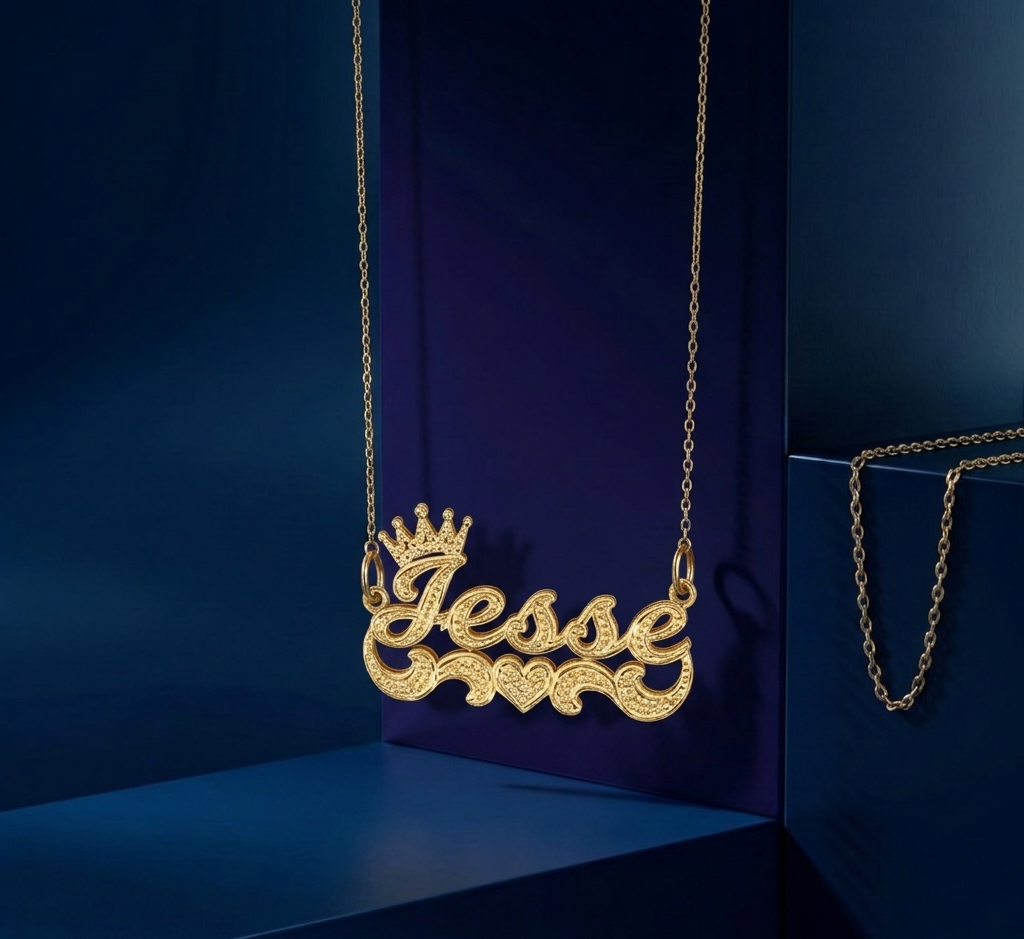 Custom engraved nameplate pendant with soft satin finish, artistic handcrafted gold necklace designed with fine jewelry precision by CustomGolds INC