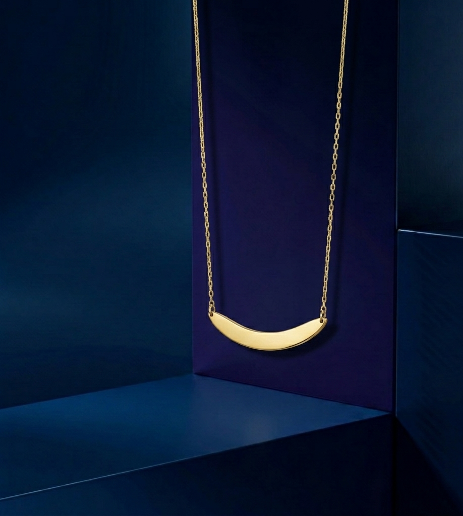 Personalized curved name necklace in 14k gold with contemporary styling and precise detailing, luxury bespoke jewelry by CustomGolds INC