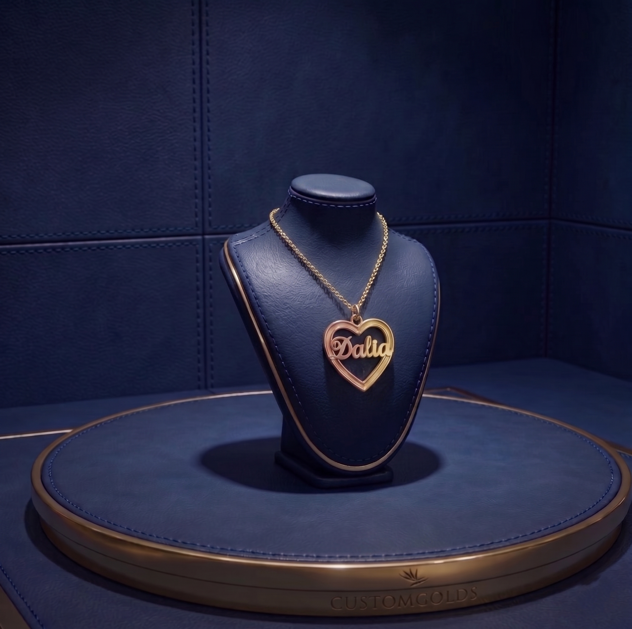 Artistic custom name necklace in a heart silhouette, featuring dimensional lettering and premium gold blending, handcrafted for a refined and modern luxury jewelry statement
