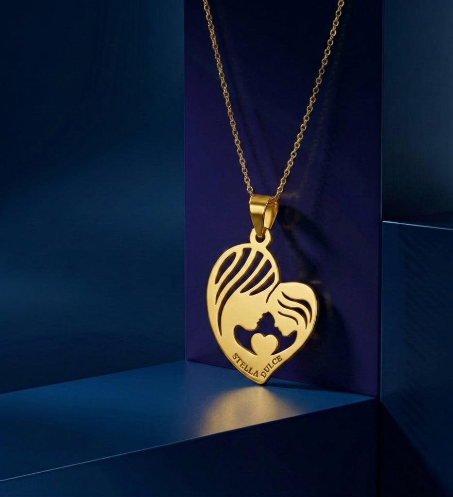 Custom name necklace featuring Mother & Child silhouette cutout, script-style gold lettering, fine jewelry piece with polished finish and personalized engraving.
 