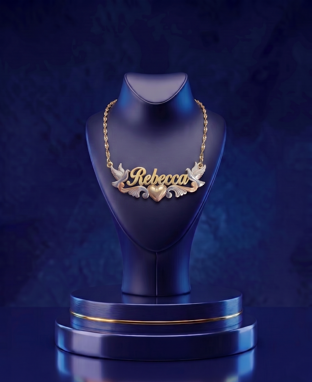 Custom 3D name necklace in multi-tone 14k and 18k solid gold featuring birds and heart details, handcrafted fine jewelry by CustomGolds INC with a high-polish luxury finish.