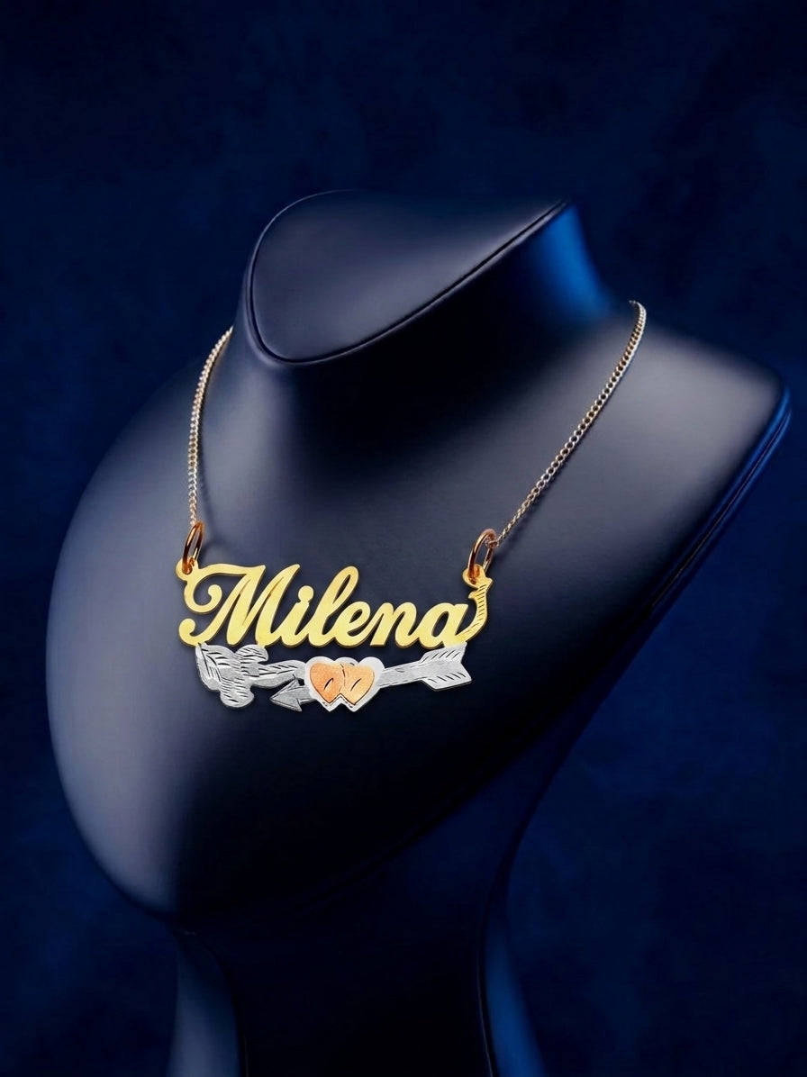 Luxury custom nameplate pendant featuring tri-color gold detailing, soft-polish satin finish, handcrafted gold pendant design, and bespoke romantic heart arrow elements for a timeless personalized gift.