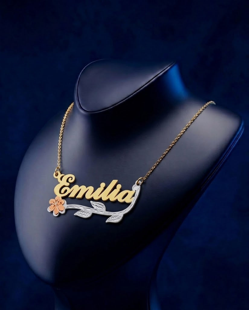 Luxury custom name necklace with floral vine and leaf accents, tri-color gold design in 18k style finish, bespoke personalized nameplate pendant, handcrafted in Los Angeles