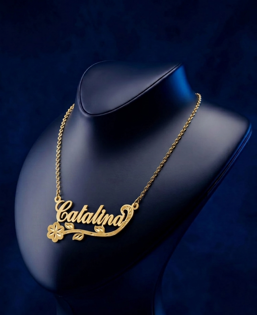 Custom engraved gold and sterling silver nameplate necklace featuring bespoke signature script design and premium handcrafted jewelry artistry from CustomGolds INC⁠