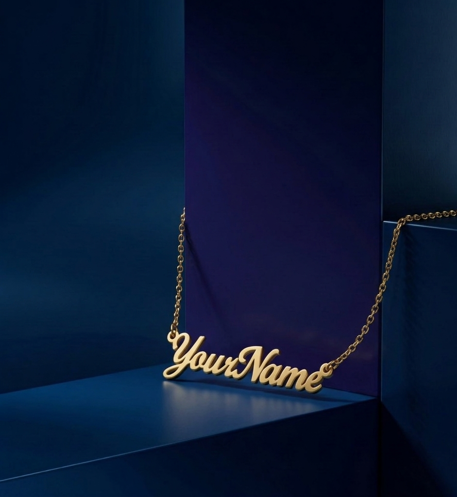 Luxury custom name necklace in 14k gold featuring signature script engraving and handcrafted polished gold surface.