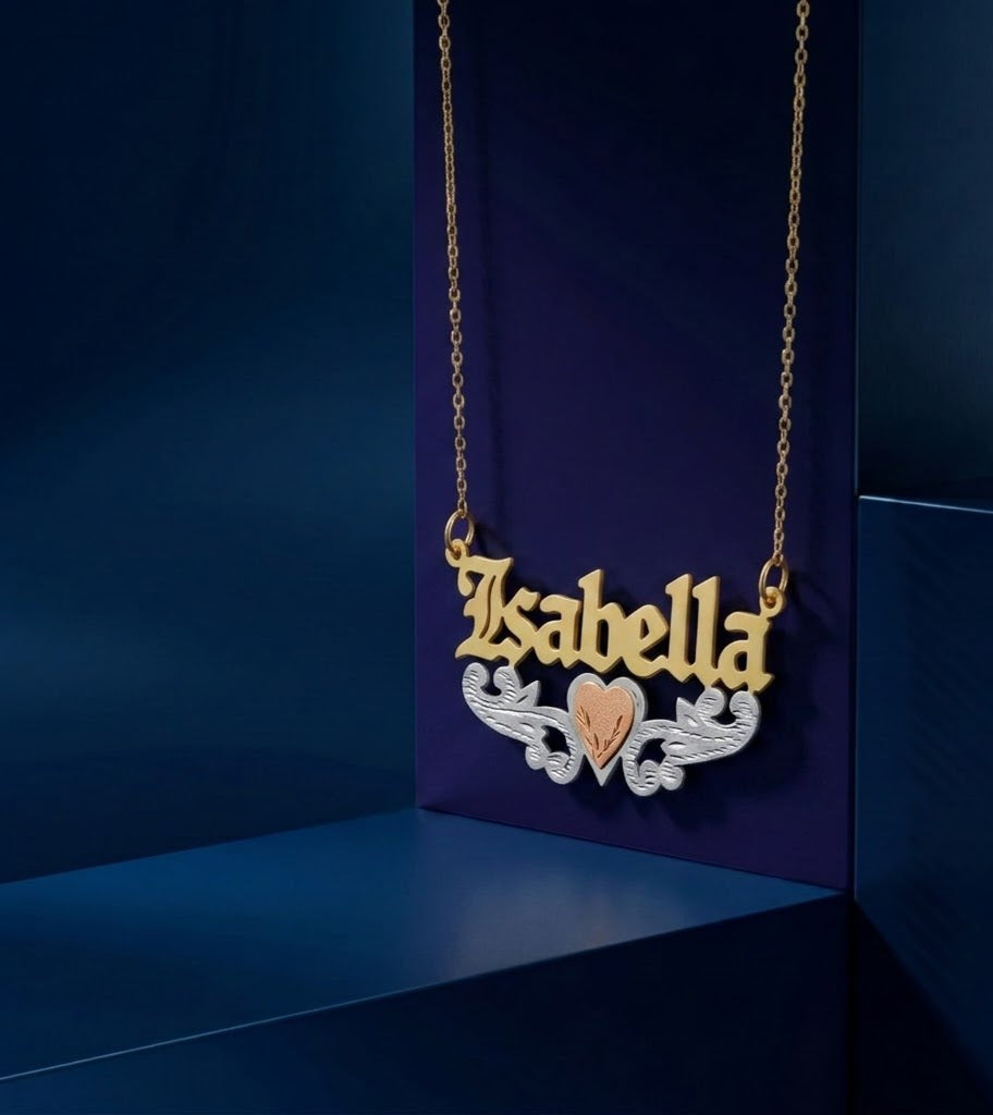 Handcrafted custom gold pendant featuring a personalized nameplate over detailed heart-inspired filigree scrollwork, available in 14k gold, 18k solid gold, and premium 925 sterling silver finishes.