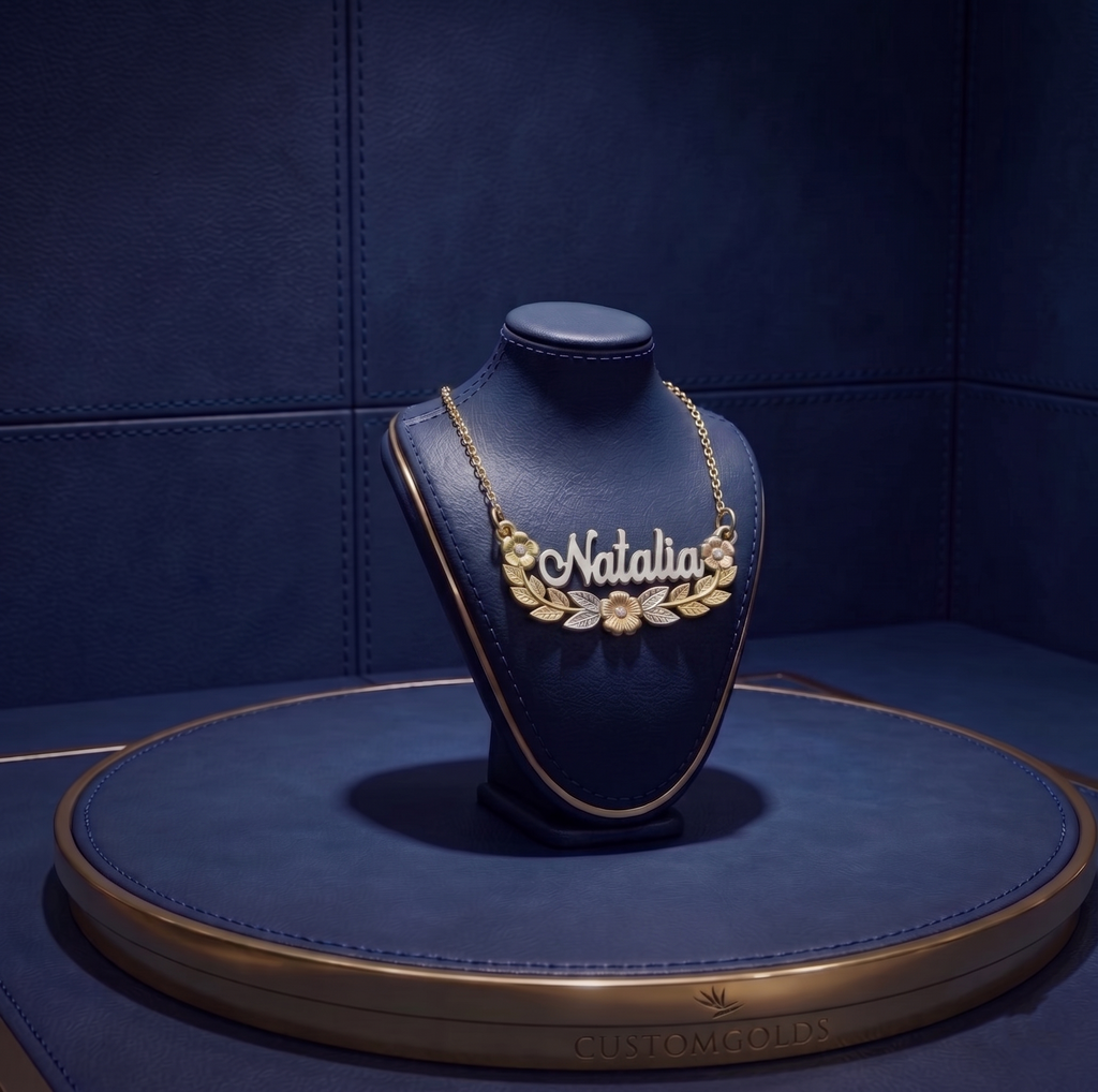Premium personalized jewelry by CustomGolds INC featuring a 3D floral nameplate pendant in 18k gold, designed as a timeless luxury personalized gift