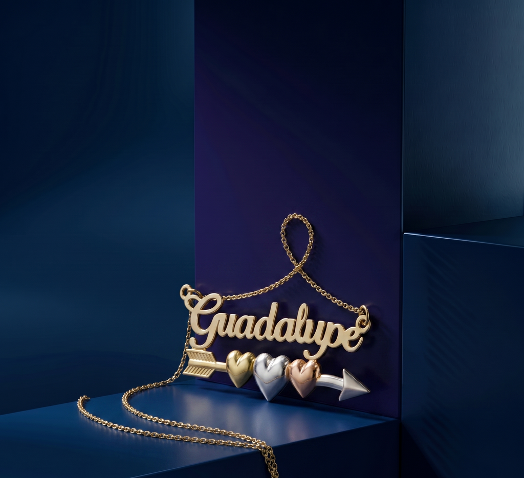 Signature custom jewelry necklace with raised 3D nameplate styling, handcrafted gold pendant with tri-color hearts and durable cable chain by CustomGolds INC.