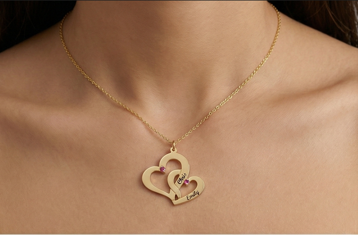 Gold necklace with a heart-shaped pendant on a person's neck