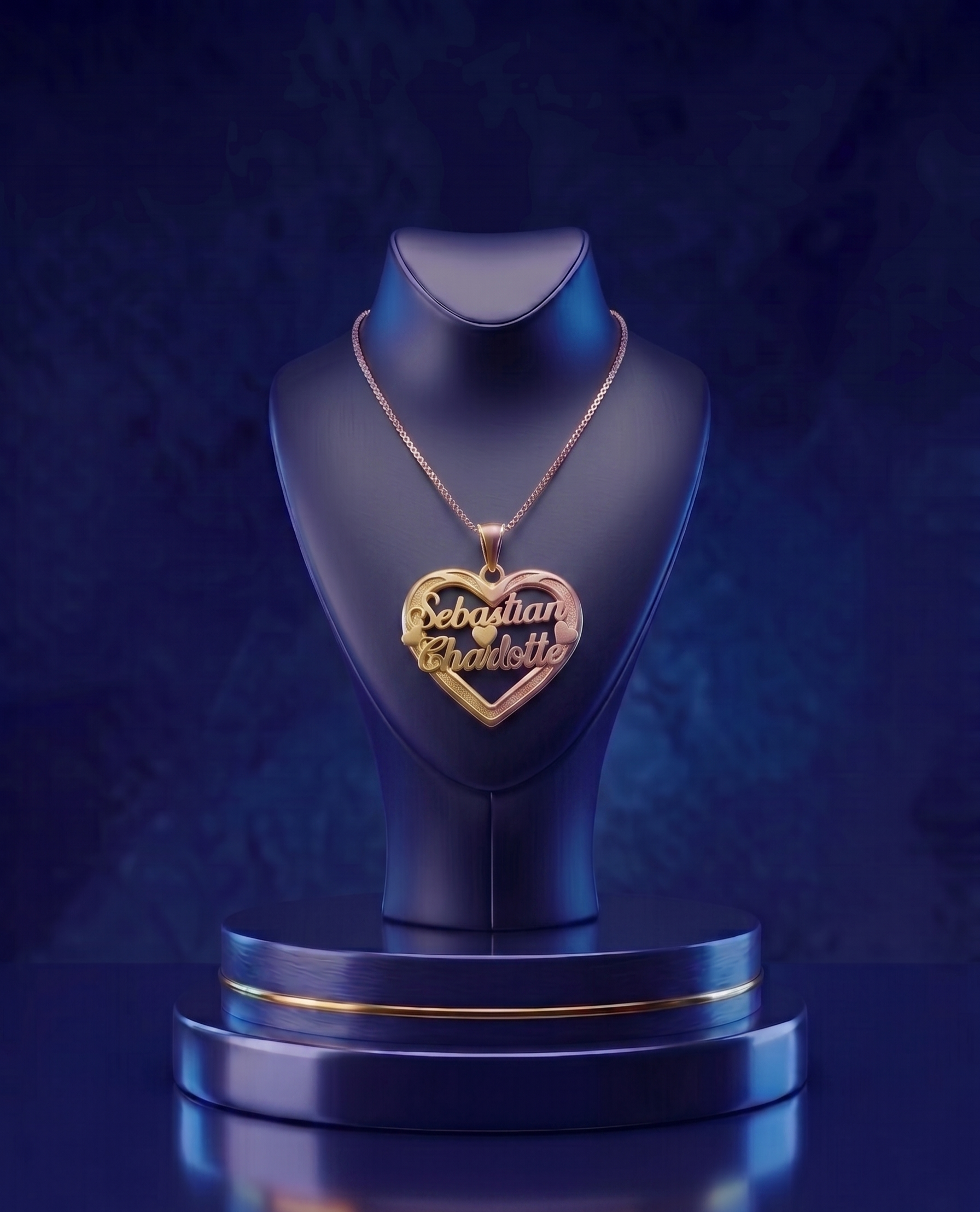 Custom 3D multi-tone gold heart necklace featuring two personalized names, handcrafted in 18k gold with high-polish and satin finish by CustomGolds INC fine jewelry.