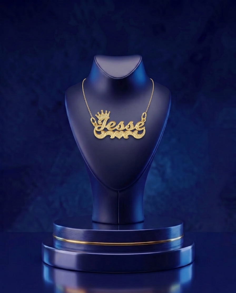 Custom crown & heart name necklace in 18K gold plating, luxury script design handcrafted by CustomGolds INC with a polished, refined high-shine finish