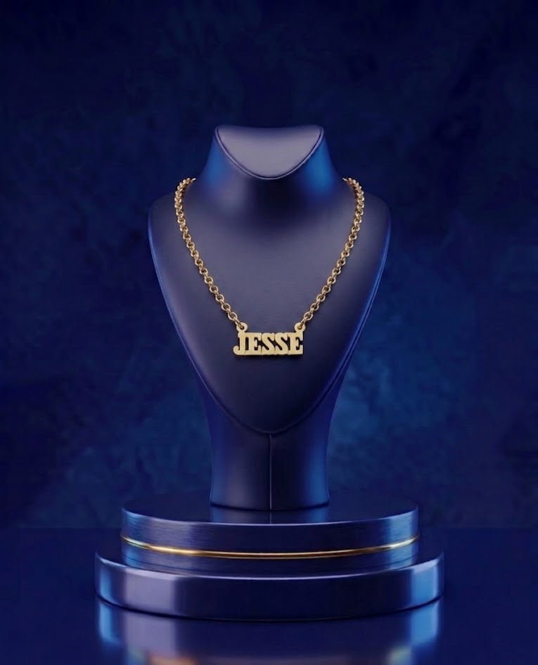 Custom gold nameplate pendant for women crafted with elegant gothic font lettering and premium high-polish 14k and 18k gold jewelry design from CustomGolds INC⁠