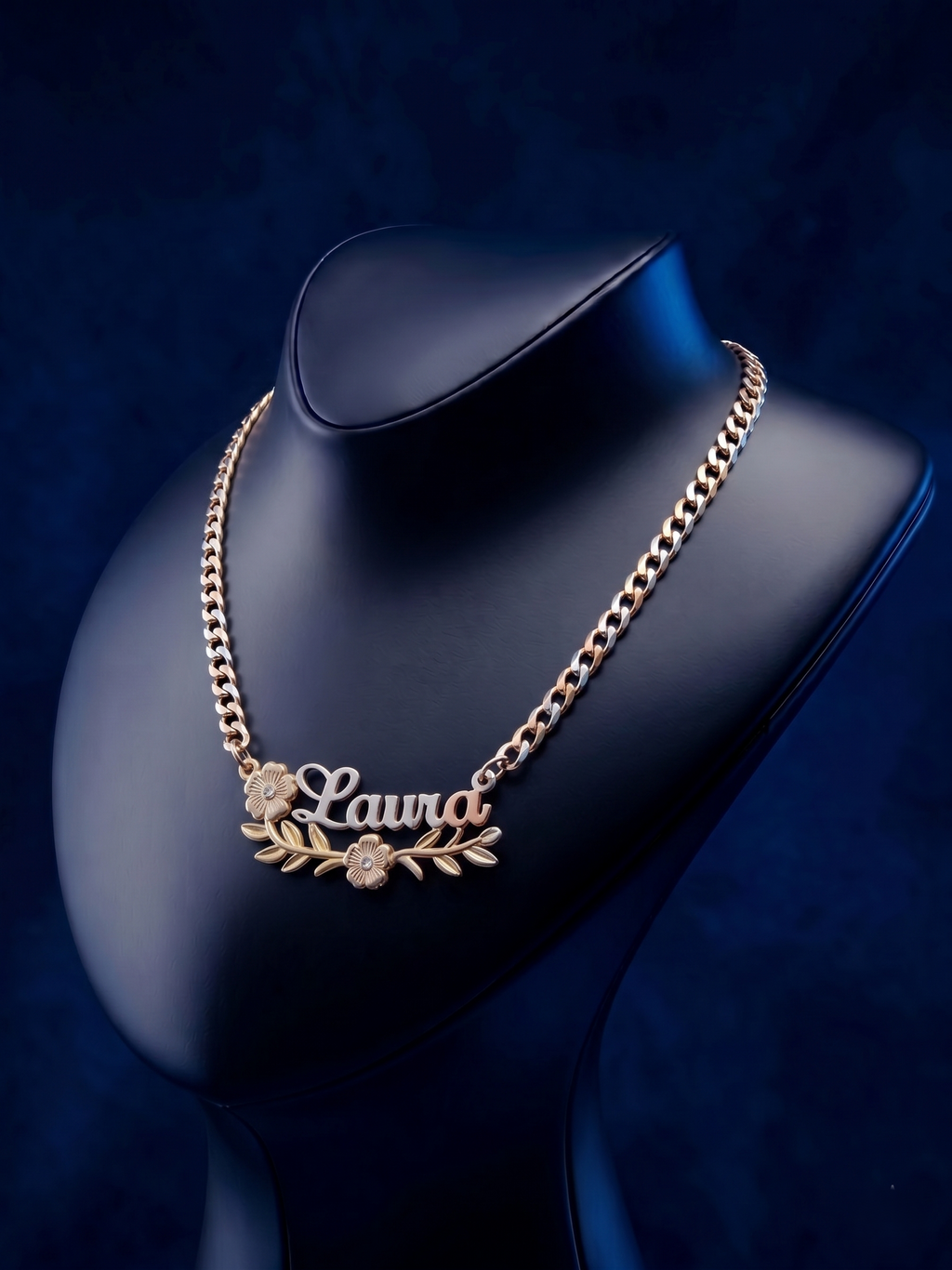 Elegant 3D personalized name necklace in multi-tone gold with floral flower and leaf detailing, premium CustomGolds INC fine jewelry with polished luxury finish