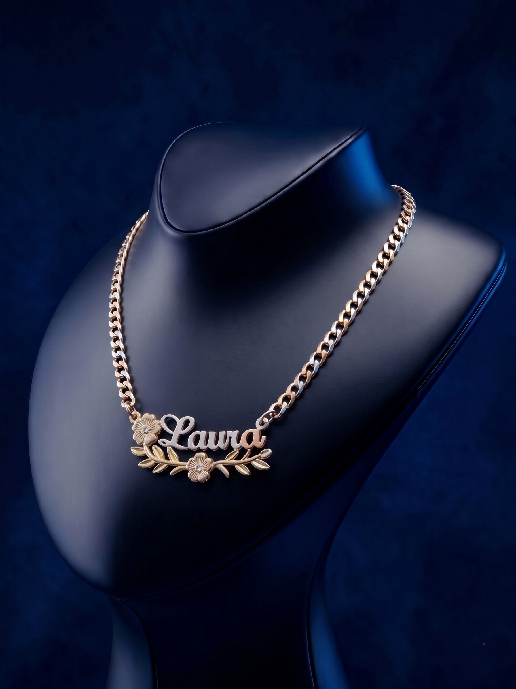 Elegant 3D personalized name necklace in multi-tone gold with floral flower and leaf detailing, premium CustomGolds INC fine jewelry with polished luxury finish