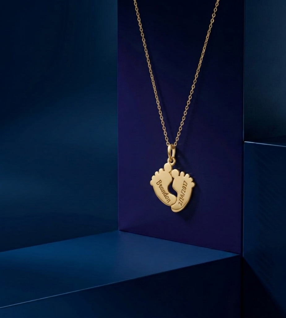 CustomGolds INC signature custom jewelry, luxury personalized gift necklace with baby footprints nameplate, crafted in 14k gold vermeil style like 18k solid gold