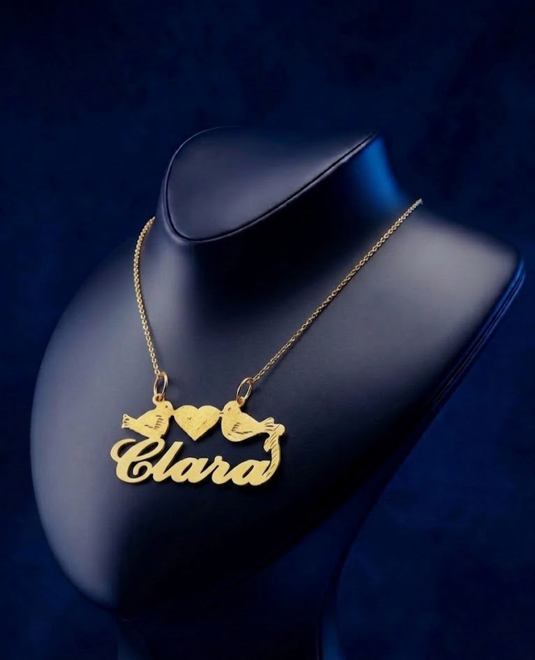 18k solid gold handcrafted name necklace featuring a poetic lovebirds and heart design, personalized fine jewelry with satin-soft glow and luxurious romantic aesthetic