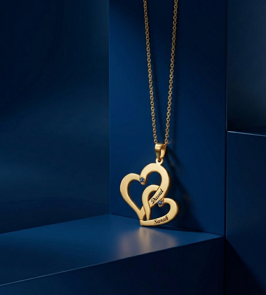 Master jeweler handcrafted interlocking hearts pendant in yellow gold custom jewelry, luxury custom design with high-polish finish, Los Angeles fine jewelry by CustomGolds INC