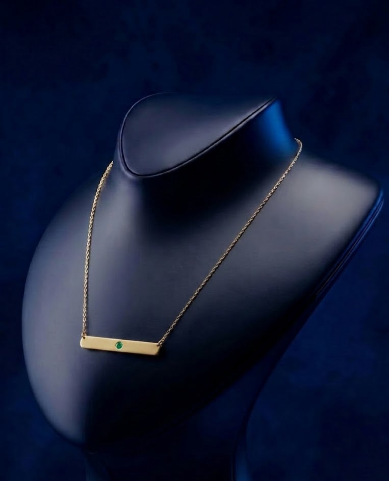 Minimalist Custom Gold Bar Necklace with Emerald-Tone Accent
