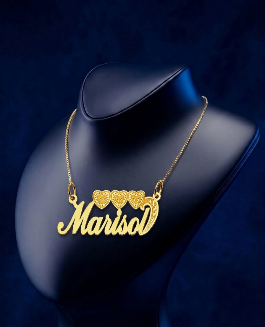 Luxury 18k gold triple heart name necklace, bespoke personalized nameplate pendant with soft satin polish finish, handcrafted custom jewelry piece designed for elegant everyday wear