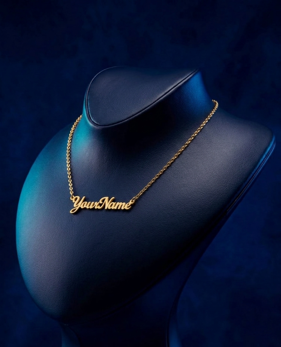 Handcrafted 18k solid gold custom name necklace with elegant script lettering, luxury fine jewelry piece from Los Angeles.
