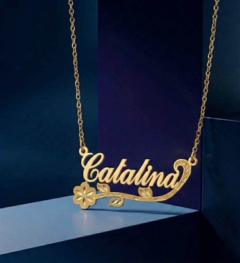 Fine jewelry custom name pendant in solid 18k gold with signature script engraving and sophisticated handcrafted personalized design by CustomGolds INC⁠