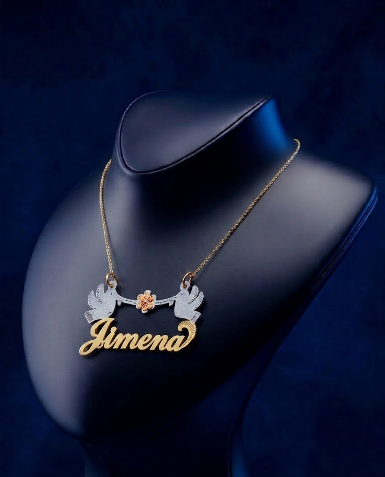 Custom name necklace with an elegant tri-color design, showcasing one flower and two birds, handcrafted as a premium luxury personalized jewelry piece.