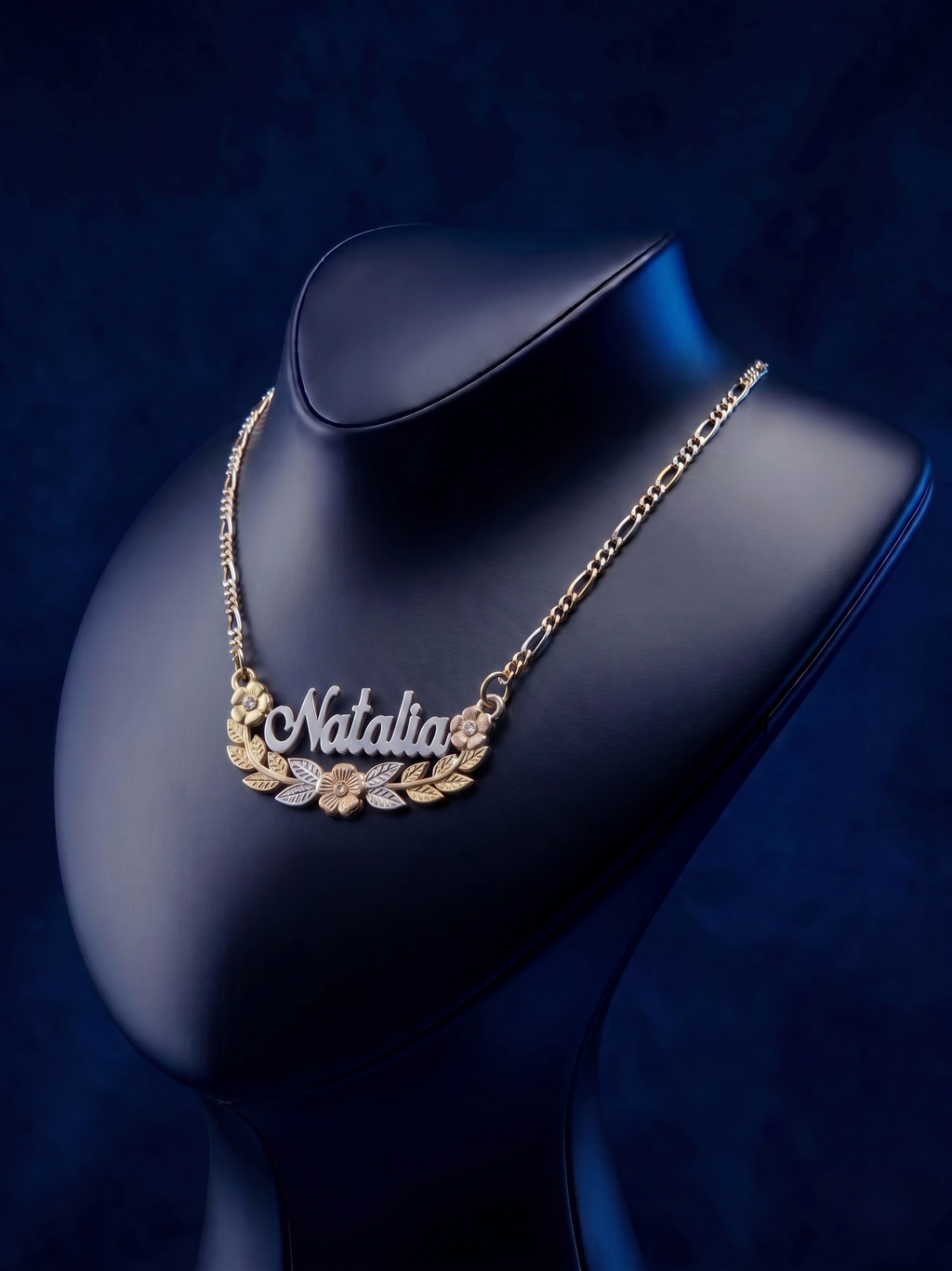 Custom 3D floral name necklace in 14k gold jewelry with multi-tone detailing, handcrafted by master jewelers at CustomGolds INC with a luxurious high-polish finish
 