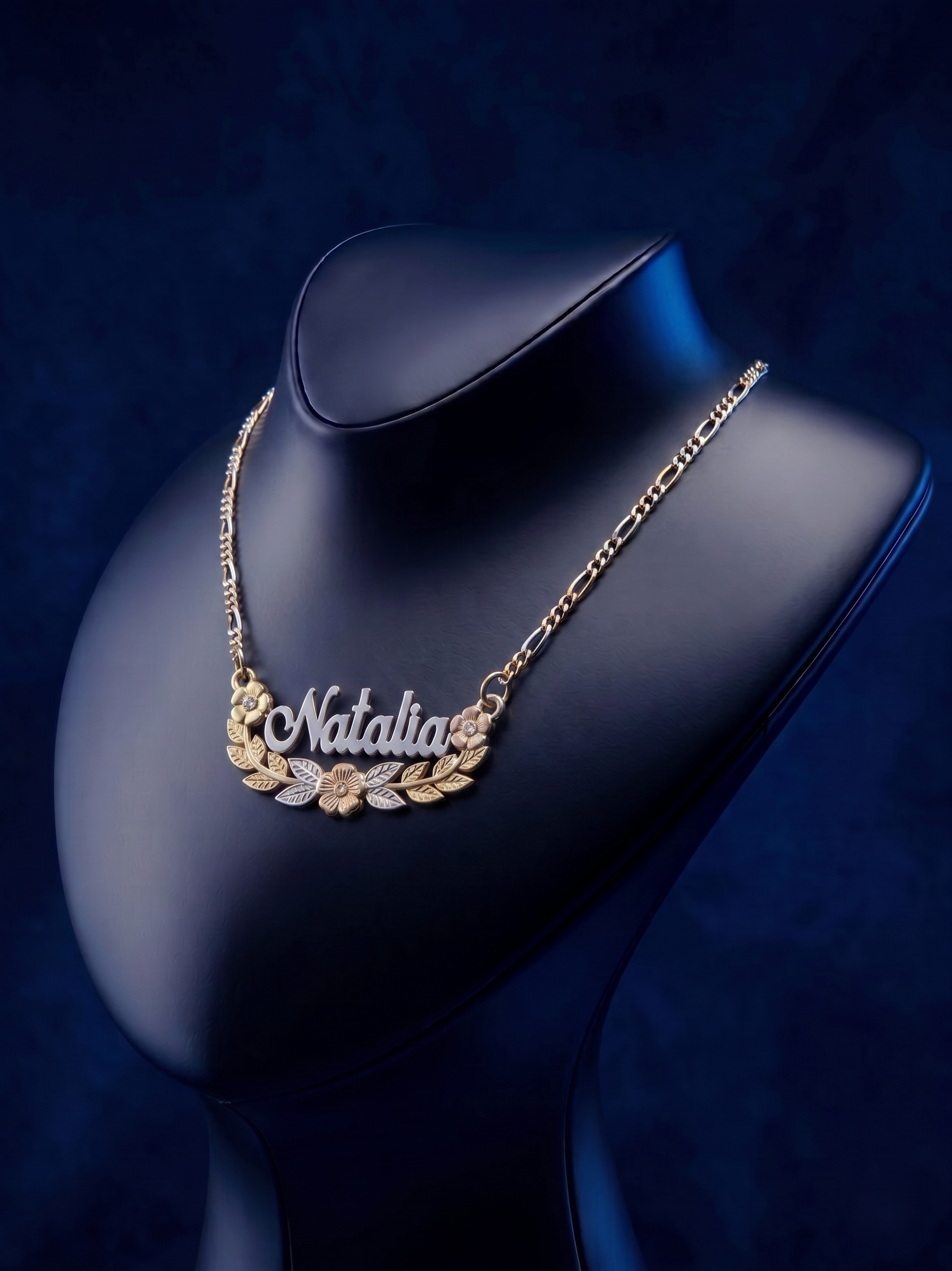 Custom 3D floral name necklace in 14k gold jewelry with multi-tone detailing, handcrafted by master jewelers at CustomGolds INC with a luxurious high-polish finish
 