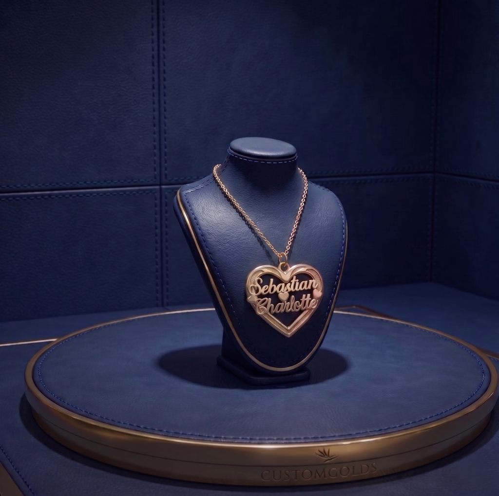 Bespoke fine jewelry custom heart necklace by CustomGolds INC, showcasing personalized gold lettering, handcrafted 14k gold design with luxury satin-polish blend.
