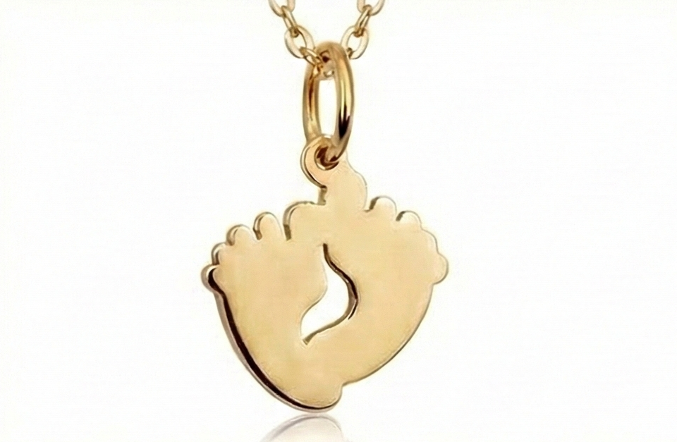 Custom engraved Baby Footprints Necklace with name and date in gold vermeil over sterling silver