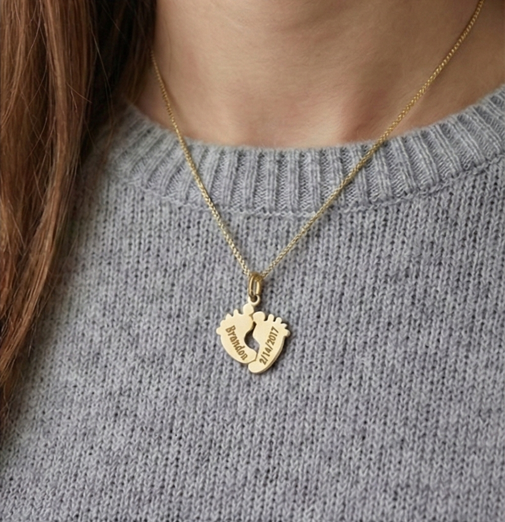 Personalized gold vermeil Baby Footprints Necklace worn as everyday sterling silver jewelry