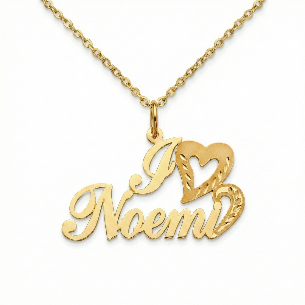 Gold necklace with 'I love Noemi' pendant on a white background