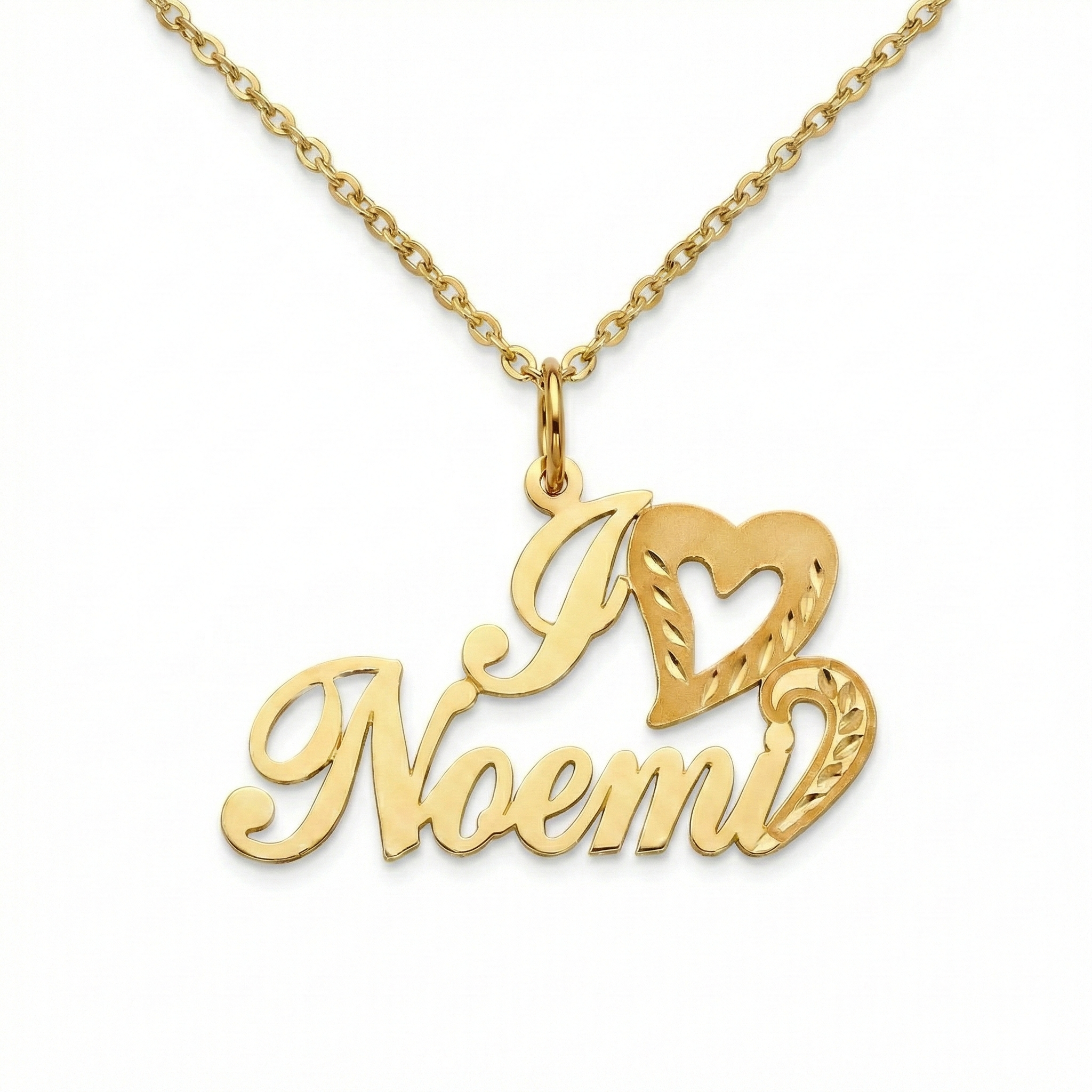 Gold necklace with 'I love Noemi' pendant on a white background