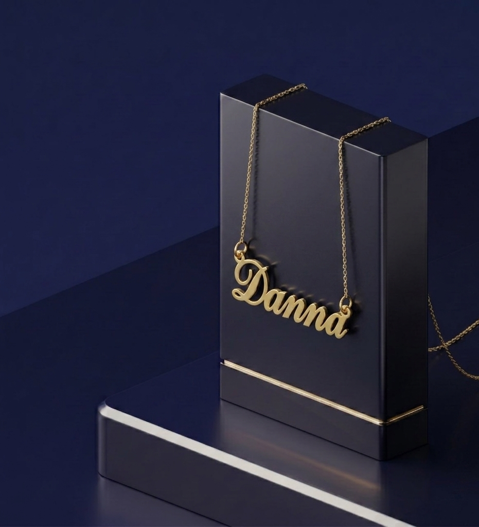 Luxury personalized nameplate pendant crafted in 18k solid gold style, signature custom jewelry piece with elegant script design and master jeweler detailing