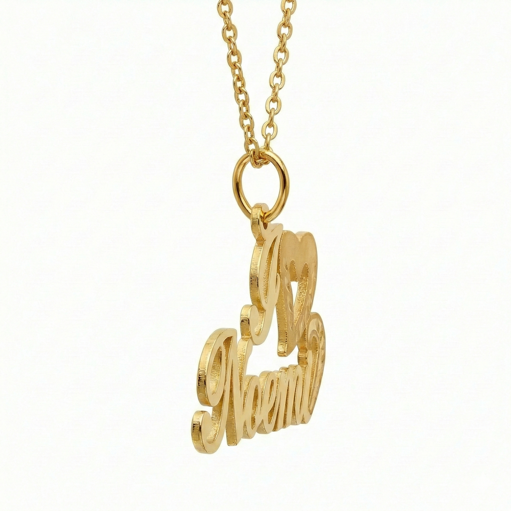 Gold necklace with 'Love' pendant on a white background