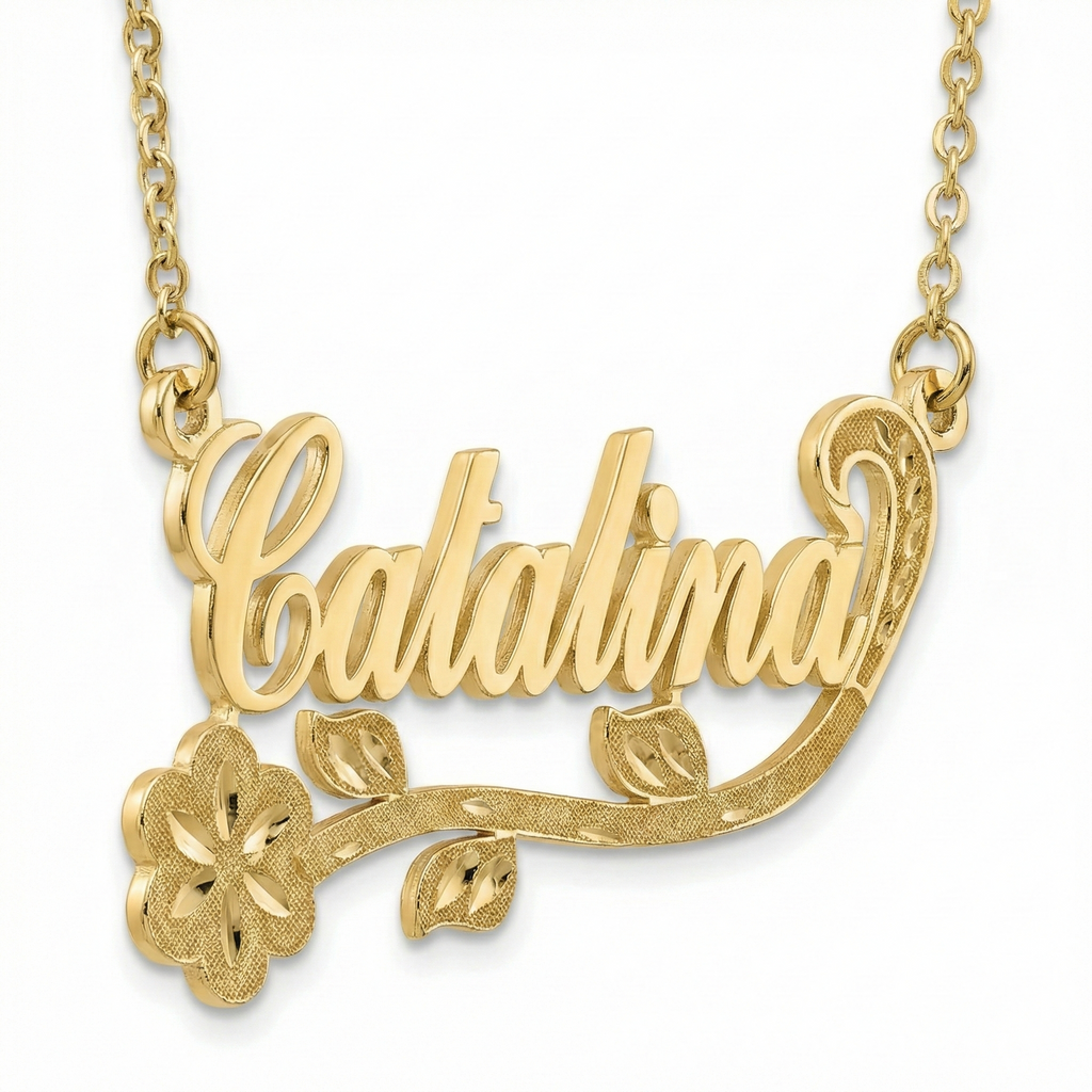 Gold necklace with 'Catalina' pendant on a white background
