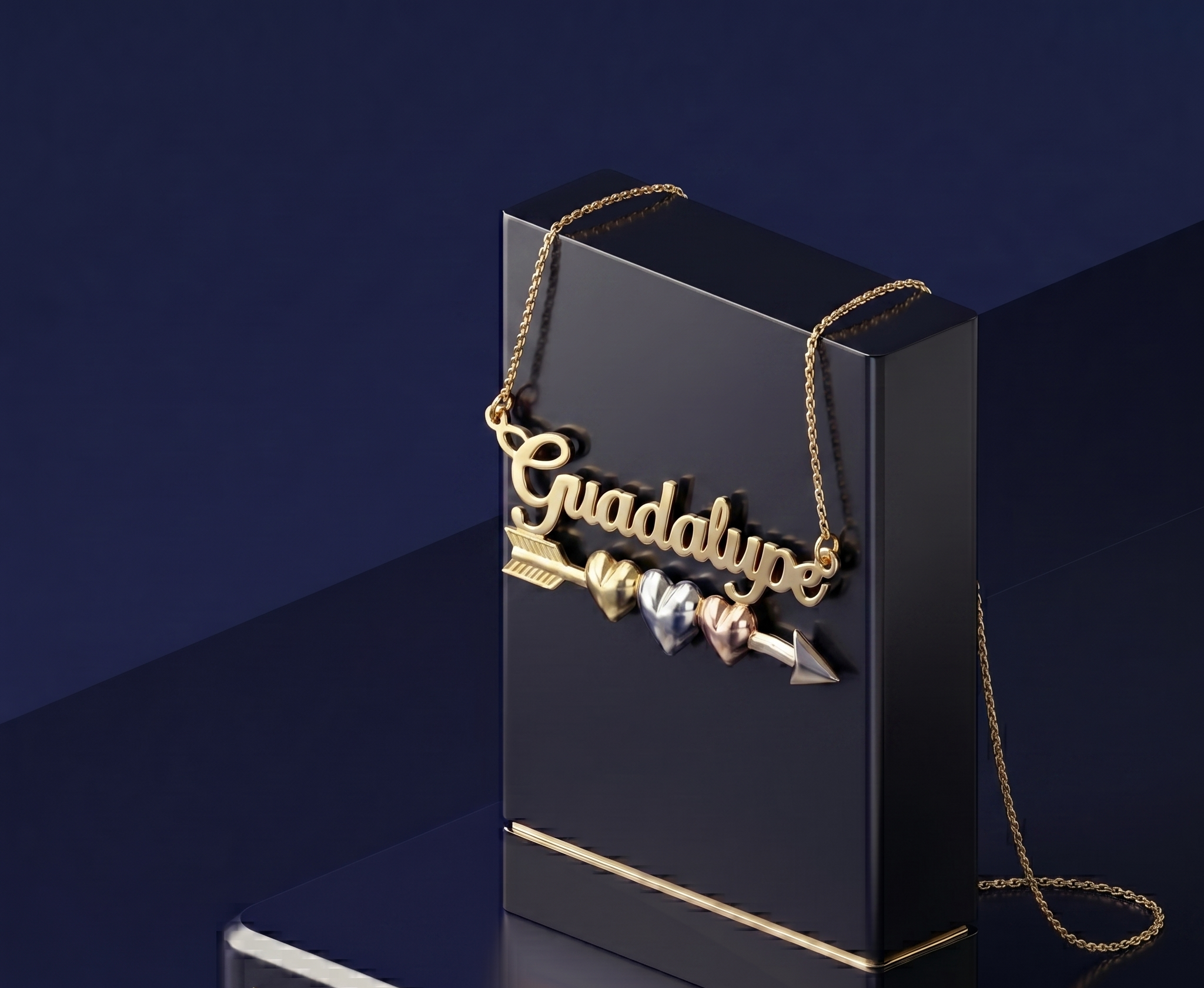 Custom nameplate pendant with dimensional 3D lettering and romantic arrow detail, premium bespoke jewelry piece with soft-polish satin finish and elegant shine.