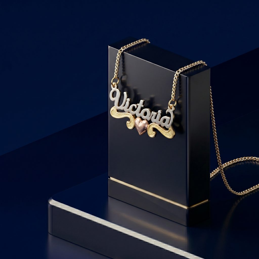 Bespoke custom gold nameplate pendant with layered 3D lettering and romantic heart accent, premium personalized jewelry crafted with signature satin finish and cable chain.