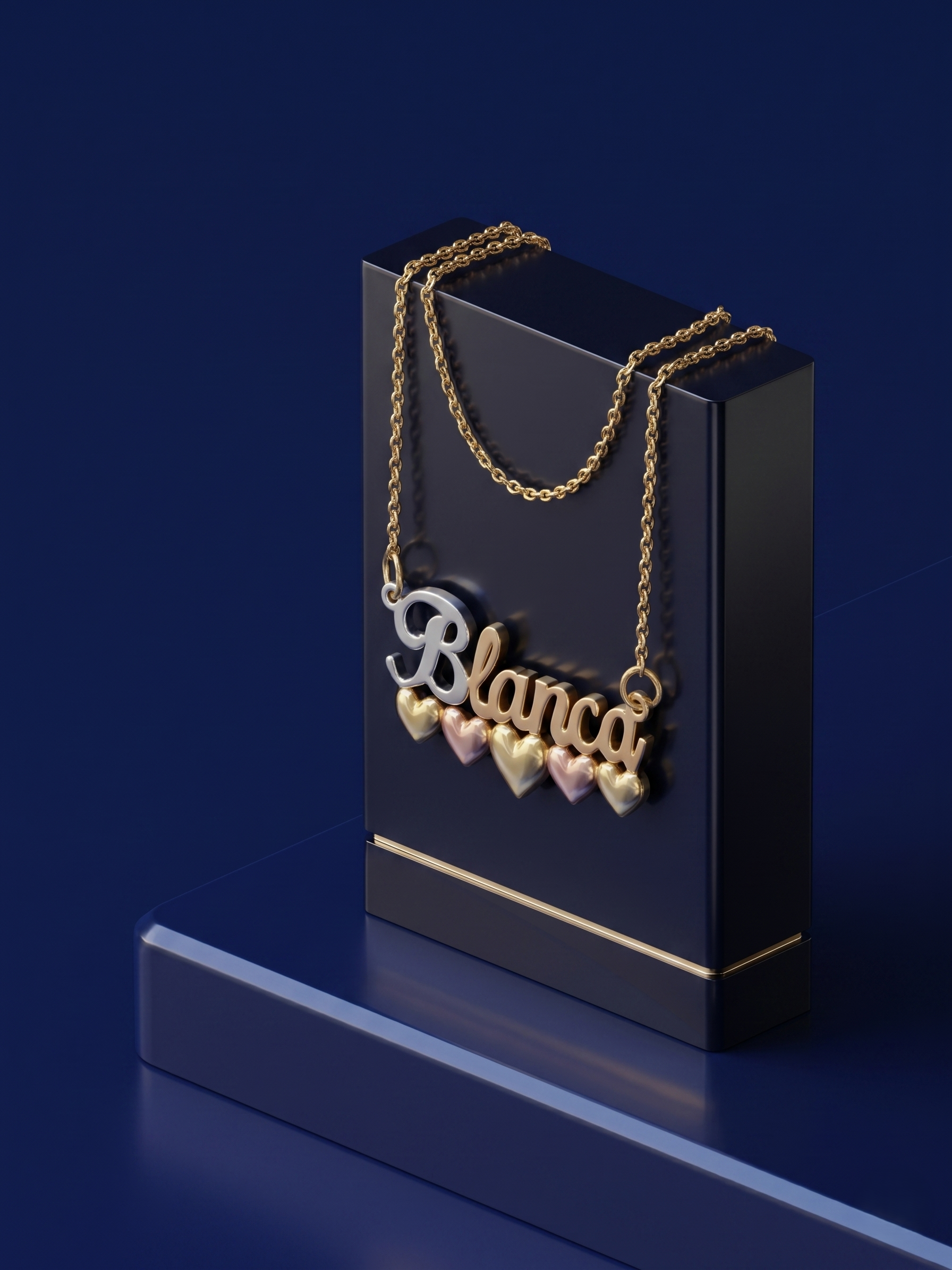 Handcrafted personalized nameplate necklace featuring custom gold lettering and heart details, premium yellow gold jewelry with high-shine finish and bespoke craftsmanship from Los Angeles.