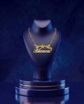 Custom 14K gold nameplate necklace with three star design, handcrafted luxury jewelry by CustomGolds INC featuring personalized gold lettering, high-polish finish, and bespoke Los Angeles craftsmanship