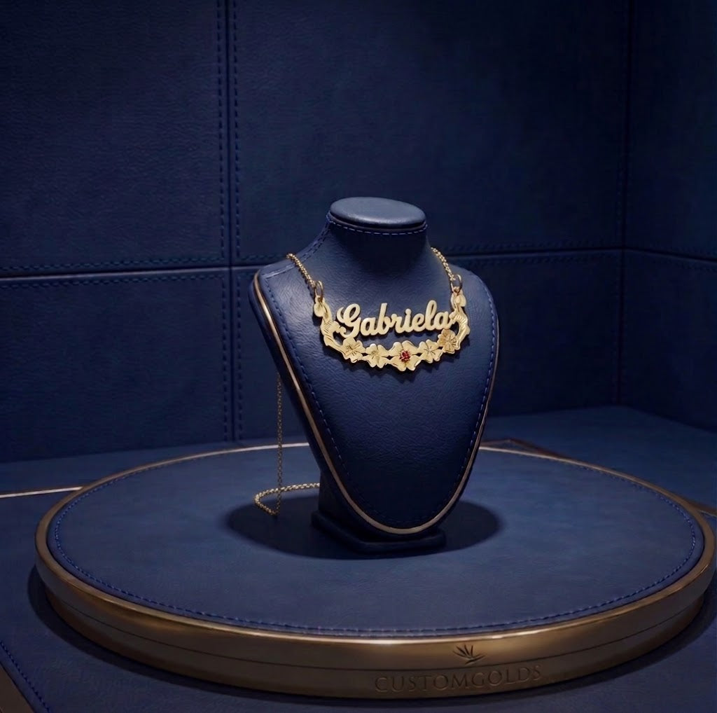 Elegant custom name necklace with floral motif and gemstone centerpiece, designed in a luxurious yellow gold style with refined engraving and high-polish surface, ideal for premium personalized jewelry collections