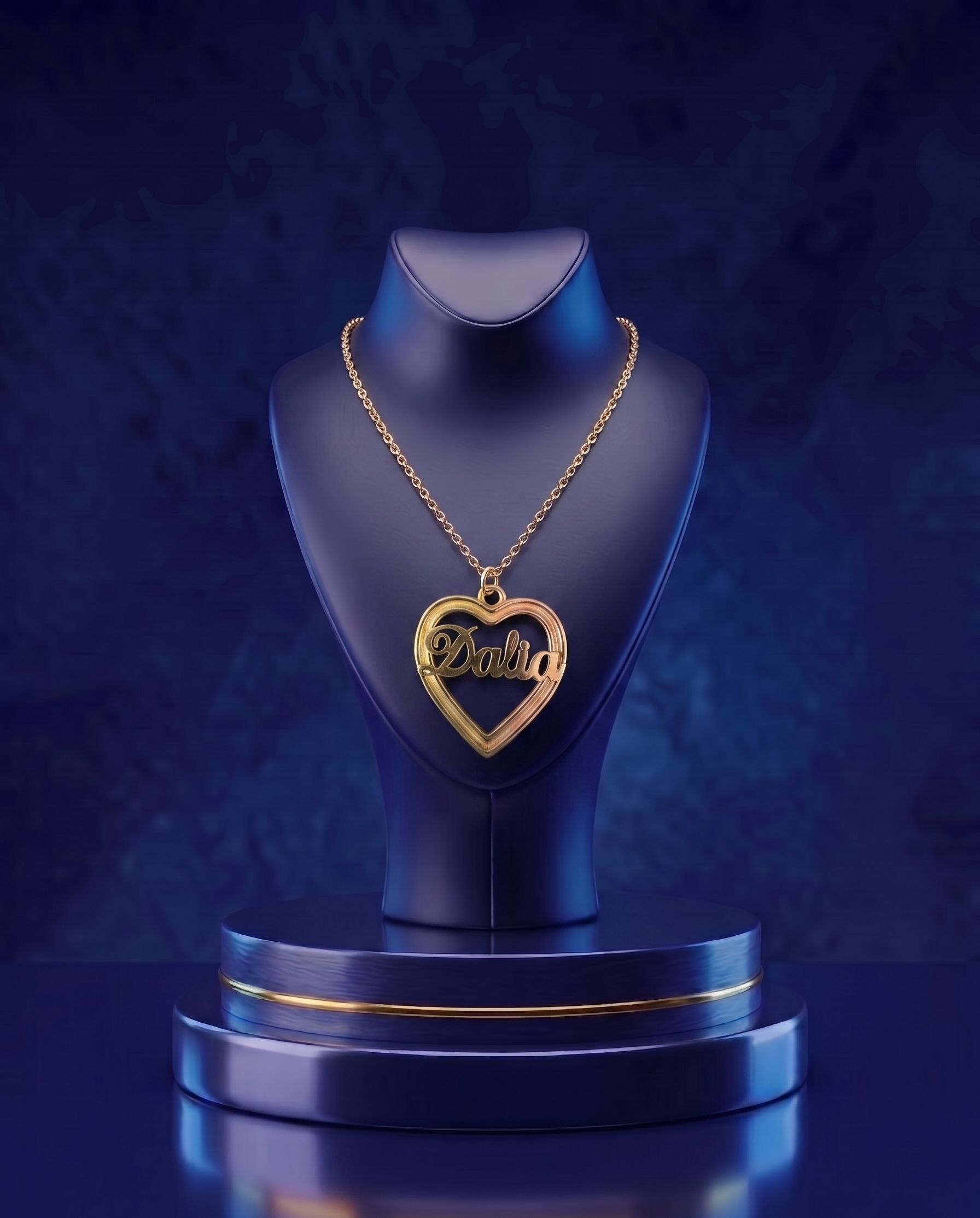 Elegant custom heart-shaped name necklace crafted in layered gold tones, featuring a floating 3D script design with refined handcrafted detailing for a premium personalized jewelry look