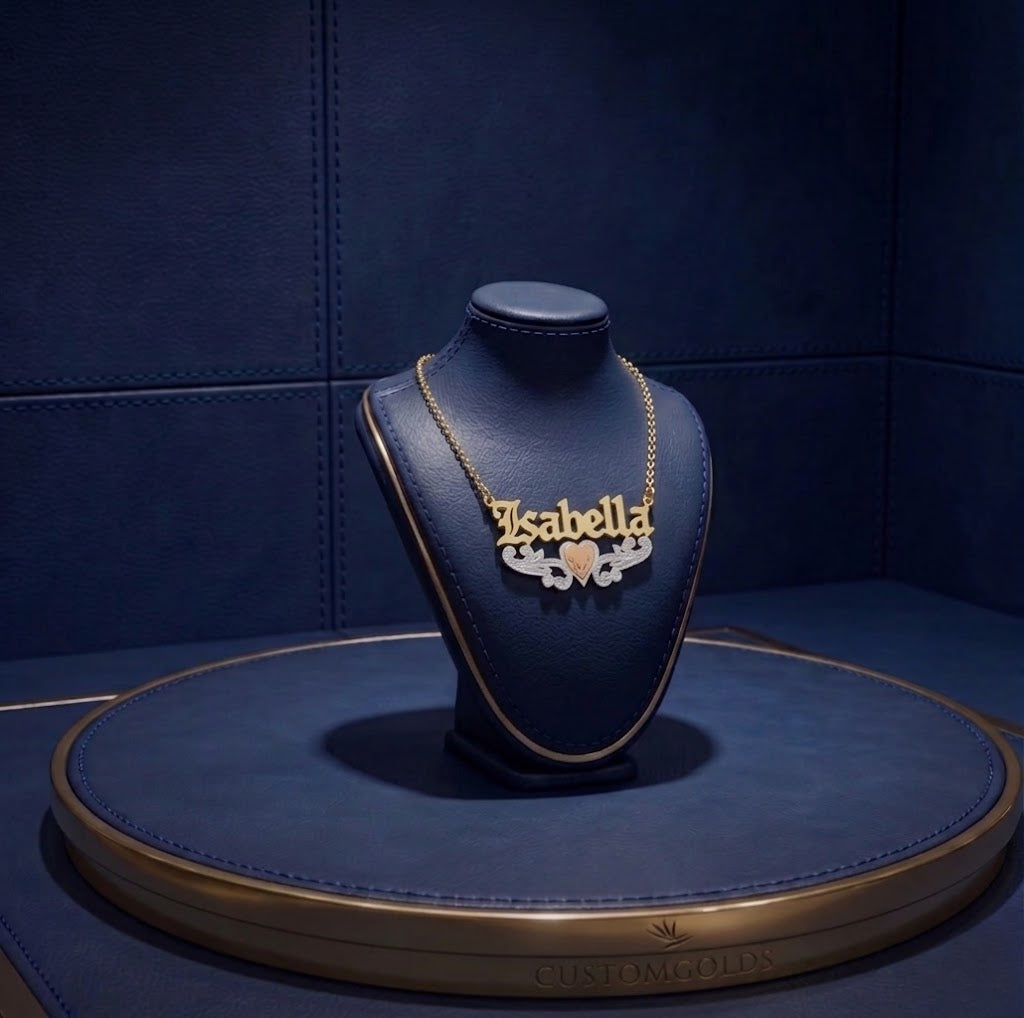 Signature tri-color custom jewelry necklace with ornate heart filigree background and polished personalized nameplate, designed by customgold as a luxury personalized gift and customized gold accessory.