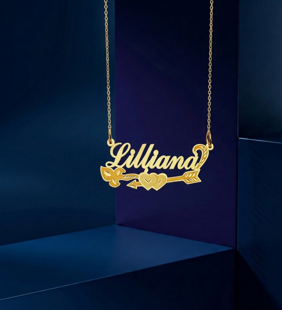 Handcrafted personalized nameplate necklace with interlocking hearts and arrow design in 14k gold, featuring a high-polish finish and custom script lettering by CustomGolds INC luxury fine jewelry
