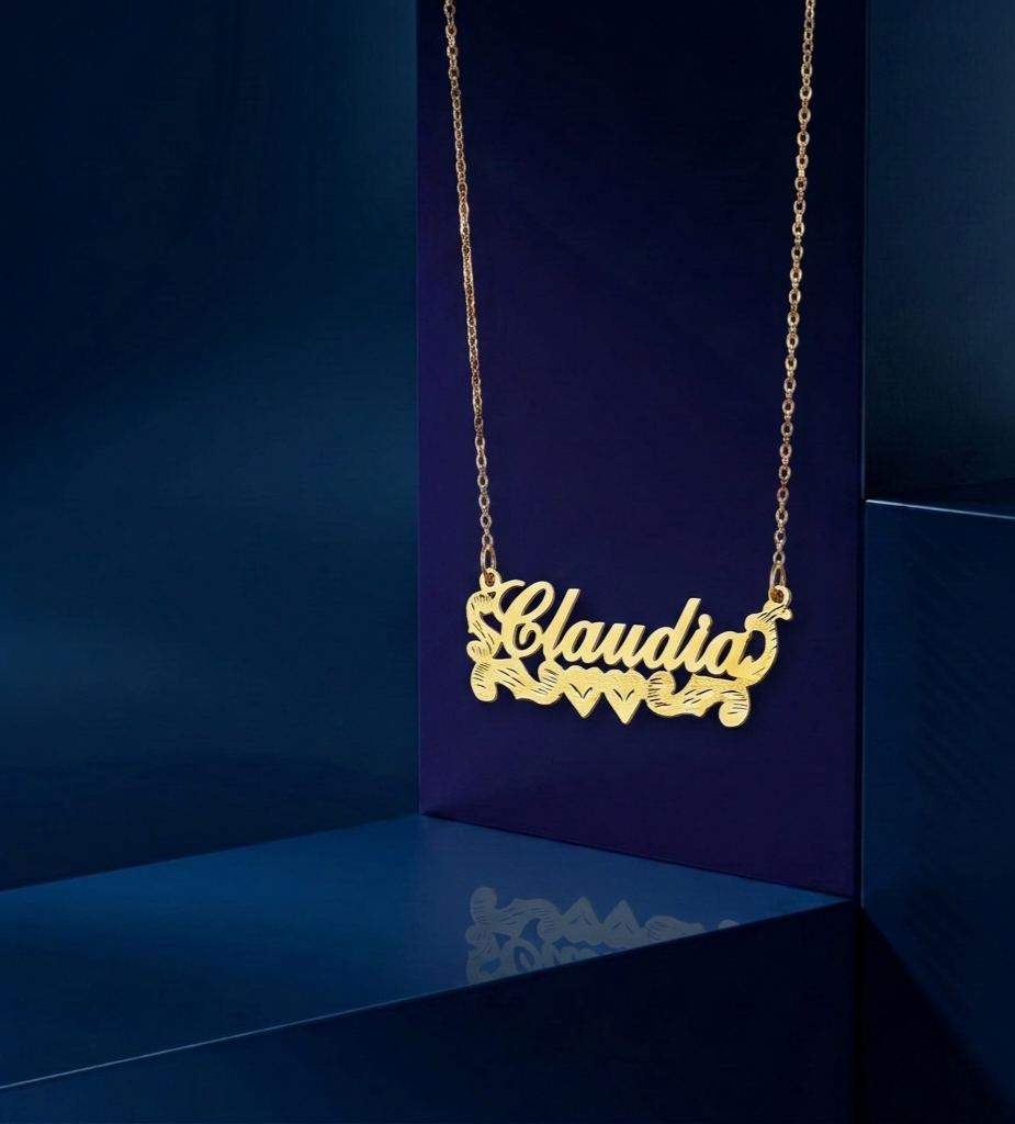 Luxury personalized name necklace by CustomGolds INC, handcrafted in fine gold with double hearts and a brilliant high-shine diamond-cut custom design.