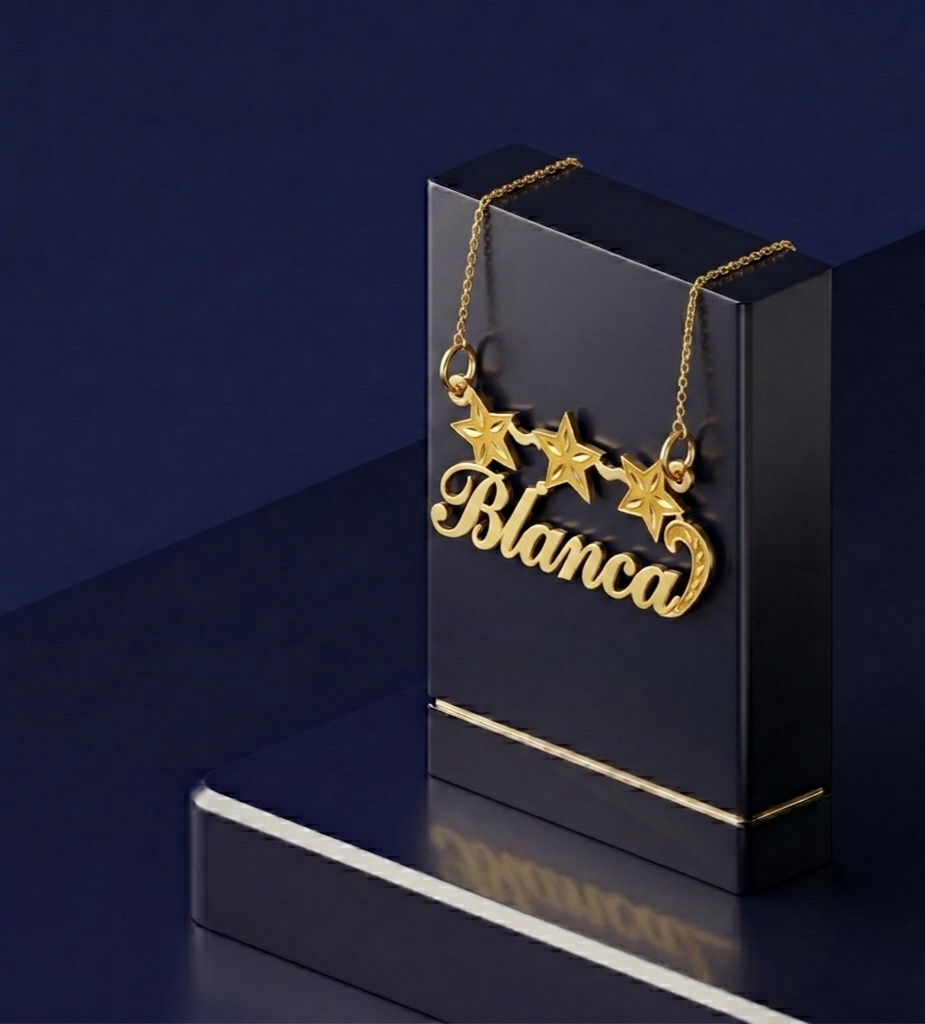 Luxury custom name necklace with diamond-cut three star detailing and flowing typography, personalized jewelry piece with soft satin-polish and refined gold design